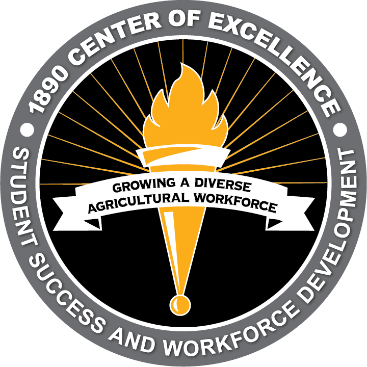 Logo featuring a torch with rays in the background, surrounded by a circular border. Text includes "1890 Center of Excellence," "Student Success and Workforce Development," and "Growing a Diverse Agricultural Workforce." Colors are orange, black, and…